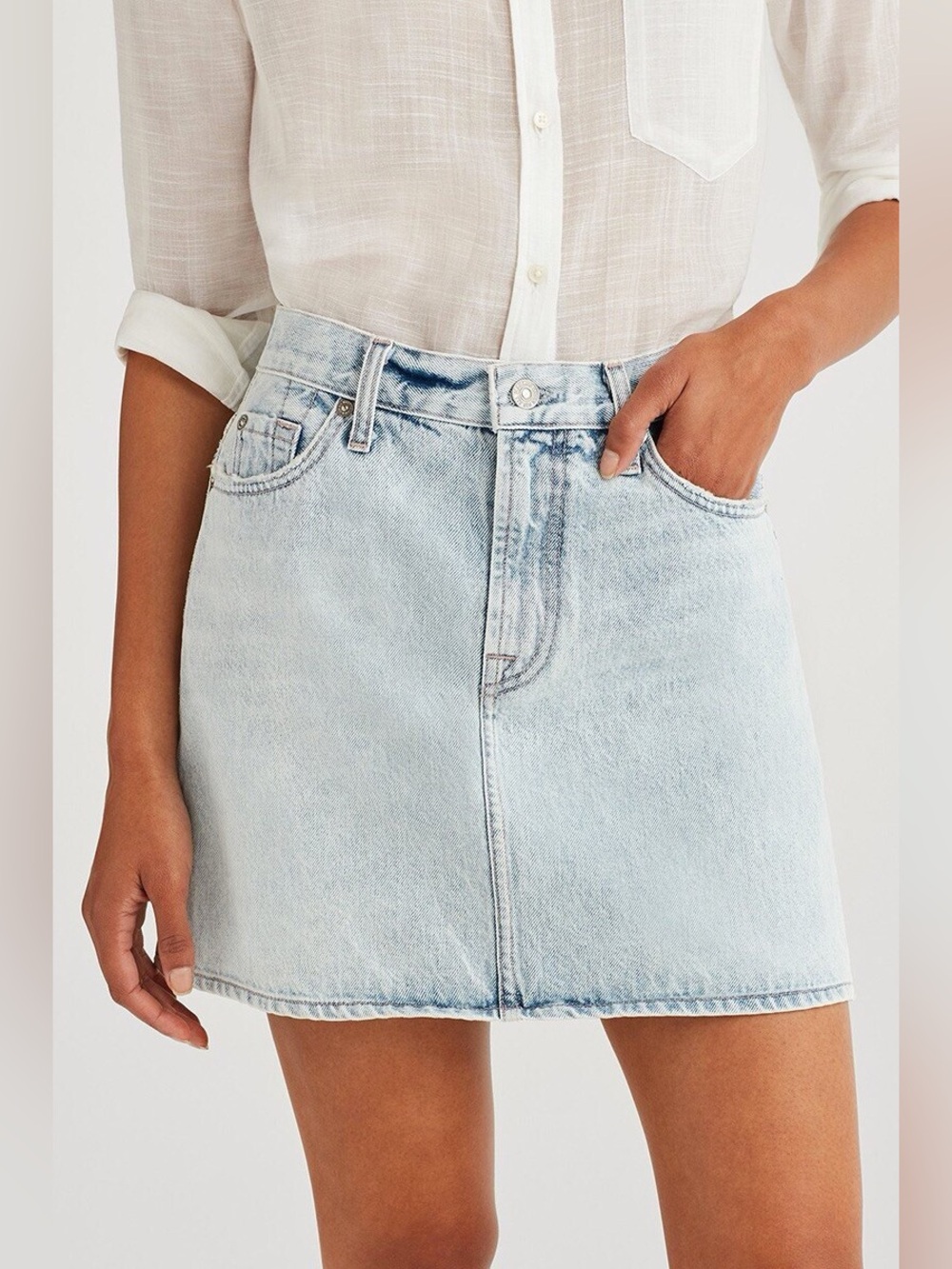 7 For All Mankind Denim Mini Skirt Light Cloud Blue Wash y2k preppy minimalist